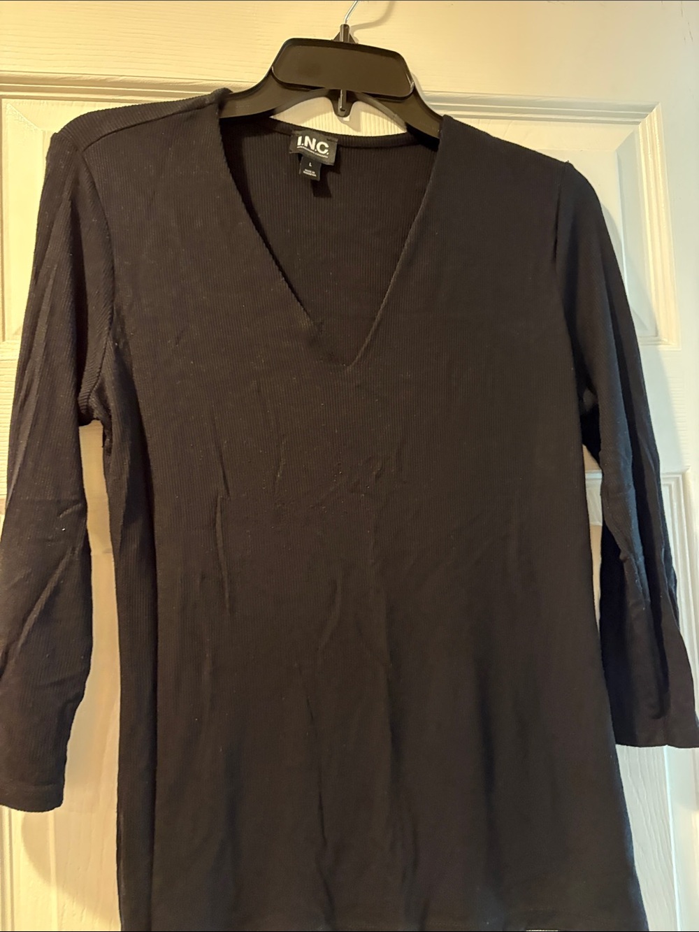INC International Concepts Black V-Neck Ribbed Long Sleeve Top